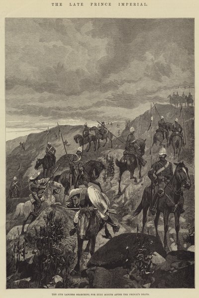The Late Prince Imperial, den 17. Lancers søker etter Zulu-speidere etter prinsens død av Richard Caton Woodville junior