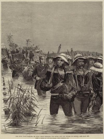 Zulu-krigen, sjømenn fra HMS Shah krysser elven for å hjelpe Ekowe av Richard Caton Woodville junior