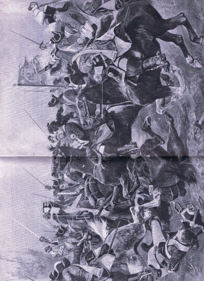 Kavalerikonflikten i slaget ved Ramilles, 3. mai 1706, illustrasjon fra British Battles on Land and Sea, 1915 av Richard Caton Woodville junior