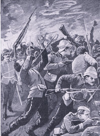 Forsvaret av Rorkes Drift, illustrasjon fra British Battles on Land and Sea, 1915 av Richard Caton Woodville junior