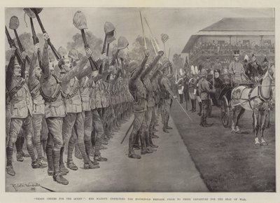Tre hurra for dronningen!, Hennes Majestet inspiserer husholdningsbrigaden før deres avgang til krigssetet av Richard Caton Woodville junior