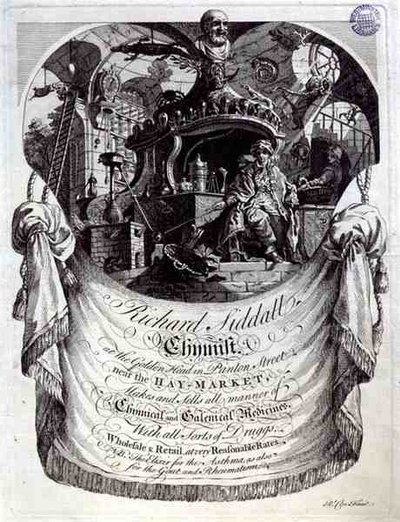 Byttekort for Richard Siddall, kjemiker, ved Golden Head, Panton Street, London (gravering) av Richard Clee