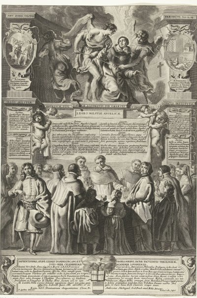 Instelling van de broederschap Militia Angelica av Thomas Aquinas, 1649 Opprinnelsen til englemilitsen, den guddommelige Thomas Aquinas; under hans himmelske kyskhetsbelte, innstiftet (tittel på objekt) av Richard Collin