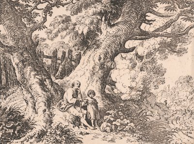 Gamle trær med gammel mann, barn og hund av Richard Corbould