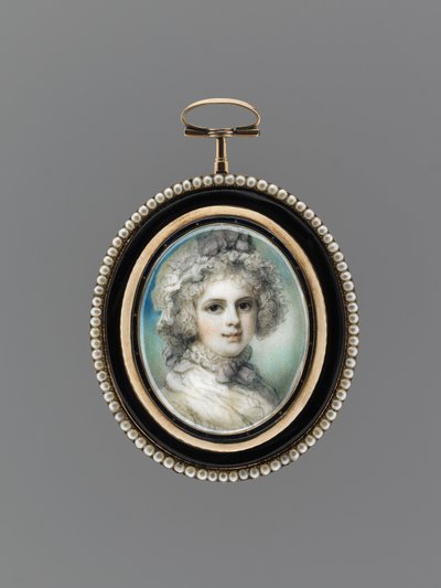 Portrait of a Woman, ca. 1785 (akvarell på elfenben, 9 karat rosa gull, frøperler, emalje og glass) av Richard Cosway