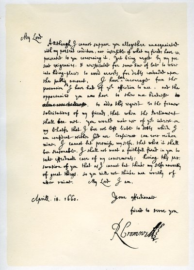 Brev fra Richard Cromwell, Lord Protector, til general George Monck, 18. april 1660. av Richard Cromwell