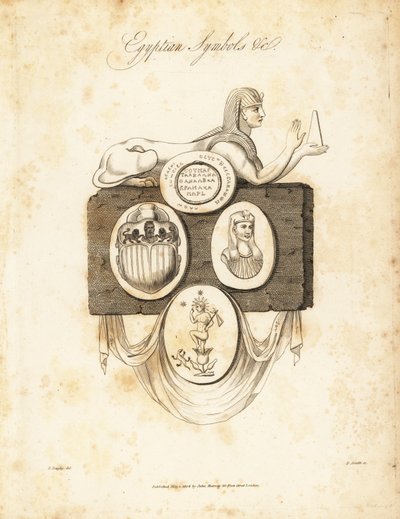 Egyptisk sphynx, skarabee, Horus, etc, 1823 (gravering) av Richard Dagley