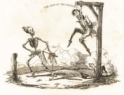 Vignett av et skjelett og en mann hengende fra en gibbet., 1827 (gravering) av Richard Dagley