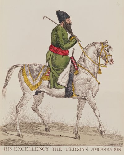 Hans eksellens den persiske ambassadør Mirza Abul Hassan Khan under sitt andre ambassadørbesøk i London, 1819 (trykk) av Richard Dighton