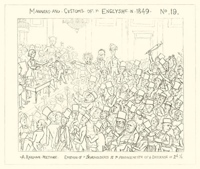 1849, et jernbanemøte, følelser for aksjonærene ved kunngjøringen av et utbytte på to og en halv pence av Richard Doyle