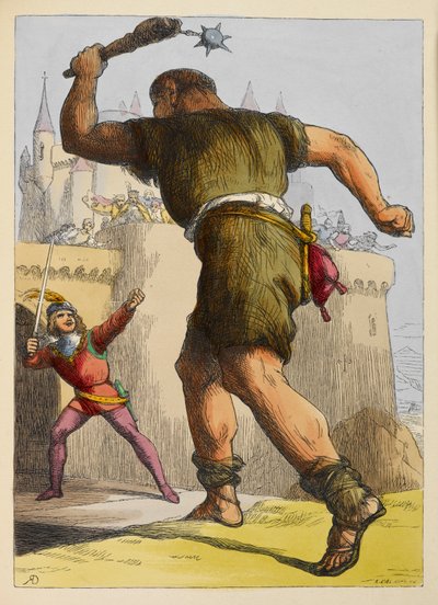 Jack klar til å kjempe mot en gigant utenfor et slott. Fargeillustrasjon i en barnebok. av Richard Doyle