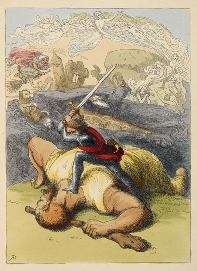 Jack står på kroppen til en kjempe, med hevet sverd. Fargeillustrasjon i en barnebok. av Richard Doyle