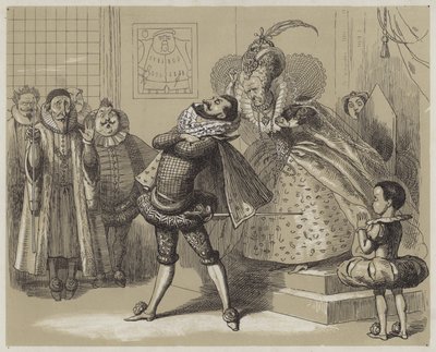 Slående scene mellom dronning Elizabeth og hennes favoritt Essex (akvatint) av Richard Doyle