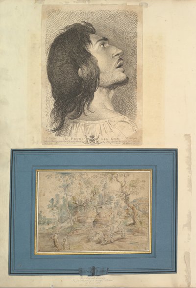 Blad fra Aedes Walpolianae montert med et trykk og en tegning: Head in Profile..., 1620-1766 av Richard Earlom