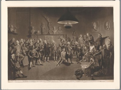 Medlemmer av Royal Academy i et interiør med en naken mannlig modell, 1768 Royal Academy of Arts, innstiftet av kongen, i år 1768 (tittel på objekt) av Richard Earlom