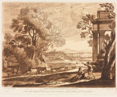 Liber Veritatis: No. 133, A Landscape, with Cattle, and the Angel Comforting Hagar, 1776. av Richard Earlom