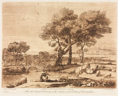 Liber Veritatis: No. 135, A Landscape, with Buildings, Mercury Stealing Admetuss' Cattle from Apollo av Richard Earlom