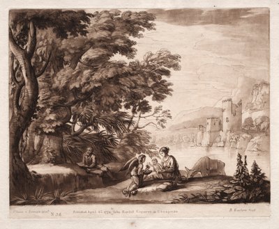 Liber Veritatis: nr. 38, The Repose of the Holy Family langs en elv av Richard Earlom