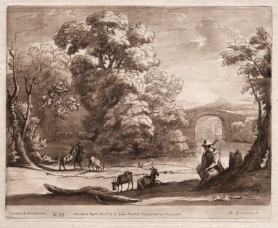 Liber Veritatis: No. 39, A Landscape with Herdsman playing a sekkepipe og geiter som surfer av Richard Earlom