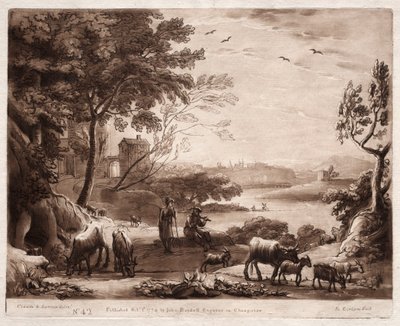Liber Veritatis: No. 42, A River Landscape with a Shepherd and Shepherdess..., 1774. av Richard Earlom