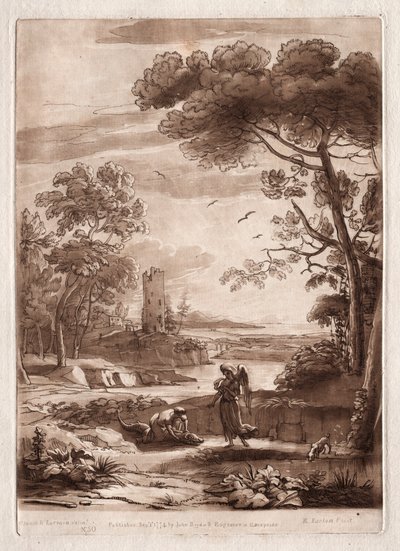 Liber Veritatis: nr. 50, A River Scene with Tobias and the Angel av Richard Earlom