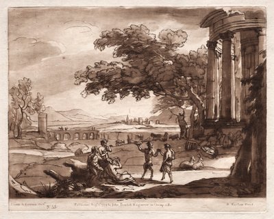 Liber Veritatis: nr. 55, Et landskap med et tempel og en nymfe og satyrdans av Richard Earlom