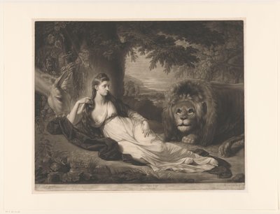 Portrett av Mary Lawrence med en løve i et landskap Frøken Hall una av Richard Earlom