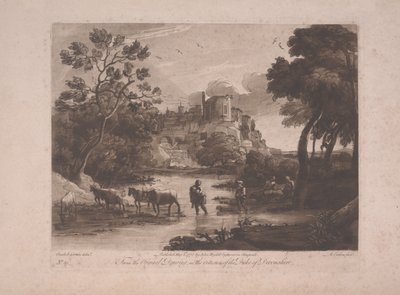 Utsikt over Tivoli ved solnedgang, utgitt 1775 (mezzotint med etsning) av Richard Earlom
