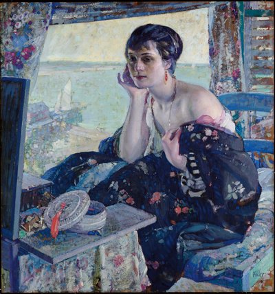 Kvinne ved et vindu (olje på panel) av Richard Emil Miller