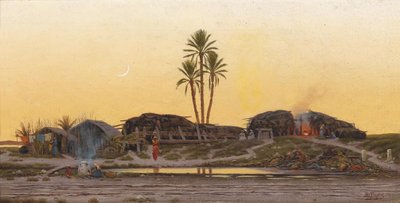 Kveldsstemning over en landsby, på motsatt side med tittelen Arabisches Dörfchen i Tunis av Richard Fuchs