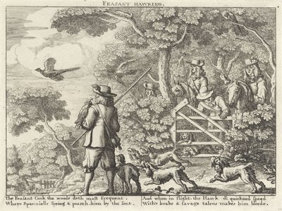 Valkenjacht op fazanten Feasant Hawking (tittel på objekt) Jachtpartijen (serietittel) Severall Wayes of Hunting, Hawking og Fishing, Ifølge den engelske måten (serietittel) av Richard Gaywood (possibly)