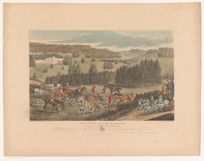 Jegere og hunder rundt en døende hjort nær Whatcombe House The Death of the Roebuck, med utsikt over Whatcombe House (tittel på objekt) av Richard Gilson Reeve