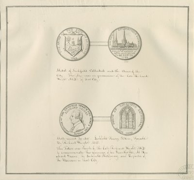 Lichfield - Medals of Lichfield Cathedral and the City Arms, og et portrett av Richard Greene: pennetegning, nd [tidlig på 1800-tallet] (tegning) av Richard Greene