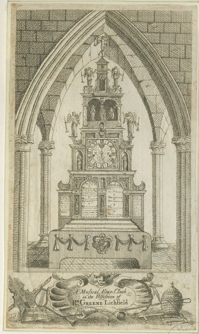 Lichfield - Musikalsk alterklokke: etsning og [?1700-tallet] (trykk) av Richard Greene