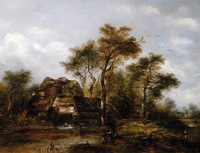 Overshot Mill with Man Fishing (olje på lerret) av Richard Hilder