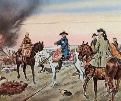 Etter utfallet av slaget ved Zorndorf, 25. august 1758 (forbedret fargelitografi) av Richard Knotel