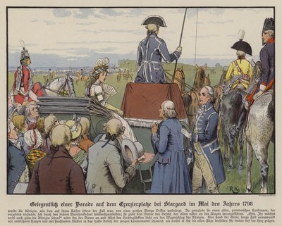 Dronning Louise av Preussen ved en parade på paradeplassen ved Stargard, mai 1798 (farge litho) av Richard Knotel