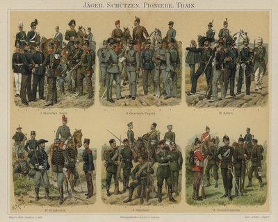 Riflemen, pionerer og forsyningstropper fra europeiske hærer (farge litho) av Richard Knotel