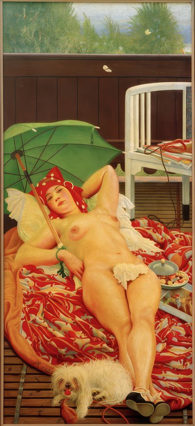 Liggende kvinne med grønn parasoll av Richard Muller