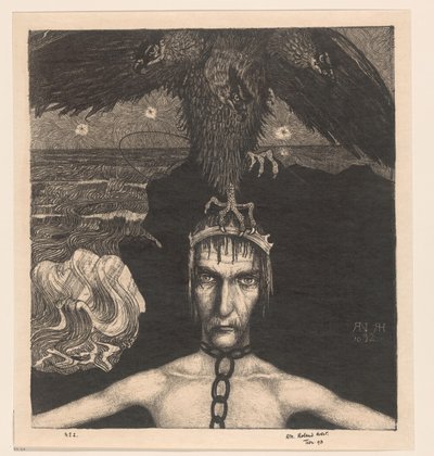 Lenket mann med trehodet rovfugl på hodet Anangke (Destiny) (original tittel) av Richard Nicolaüs Roland Holst (signed by artist)