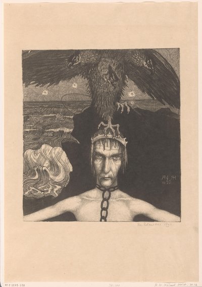 Lenket mann med trehodet rovfugl på hodet Anangke (Destiny) (original tittel) av Richard Nicolaüs Roland Holst