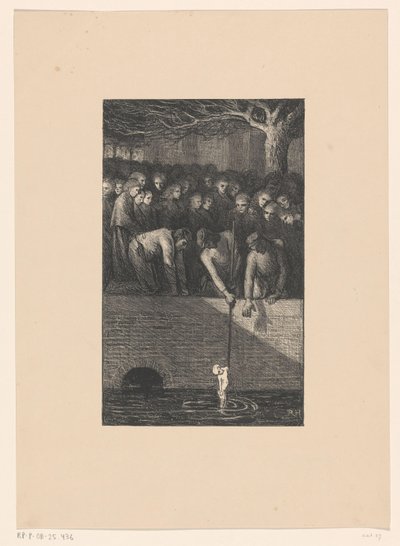 Mann som tar et babylik ut av en kanal Kloakken kaster opp sin elendighet (originaltittel) av Richard Nicolaüs Roland Holst