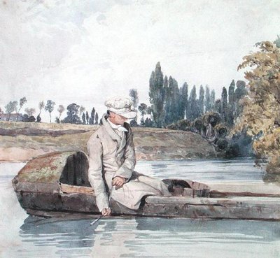 En mann som fisker fra en båt på en elv (akvarell på papir) av Richard Parkes Bonington