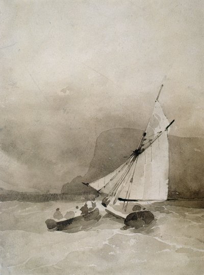 Et seilfartøy og en robåt i grov sjø utenfor Beachy Head, Sussex av Richard Parkes Bonington