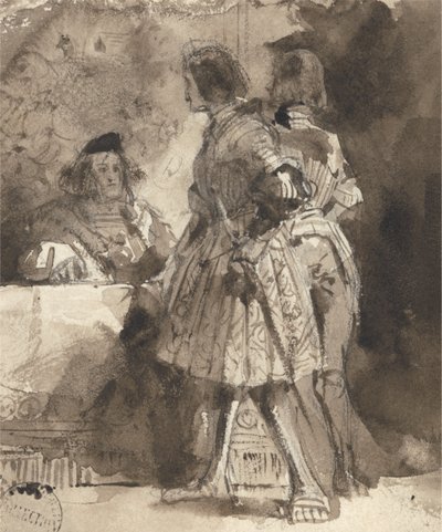 Goetz von Berlichingen før den keiserlige sorenskriveren, ca. 1826 (brun vask og blekk over grafitt på papir) av Richard Parkes Bonington