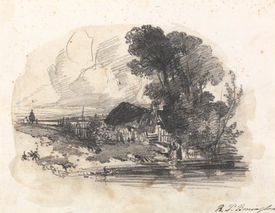 Trær og en hytte ved en elv av Richard Parkes Bonington