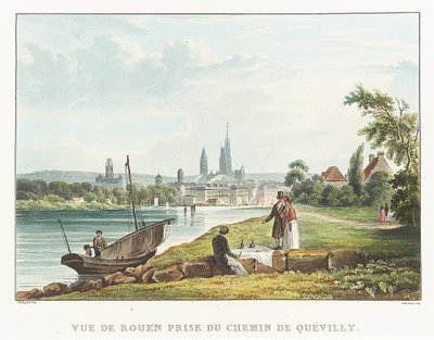 Utsikt over Rouen tatt fra Quevilly-veien (Frankrike). Litografi (34,7 x 51,7 cm) av Richard Parkes Bonigton (1802–1828), tidlig på 1800-tallet. av Richard Parkes Bonington