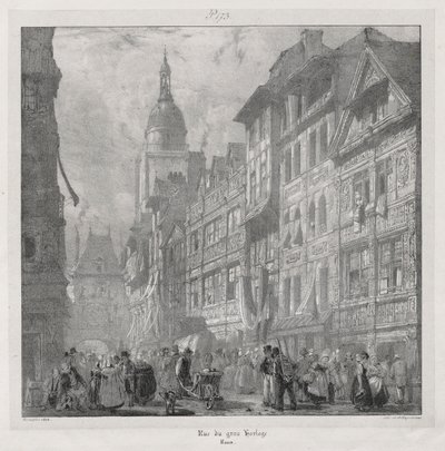 Pittoreske og romantiske reiser i det gamle Frankrike, Normandie: Rue du Gros Horloge, Rouen av Richard Parkes Bonington