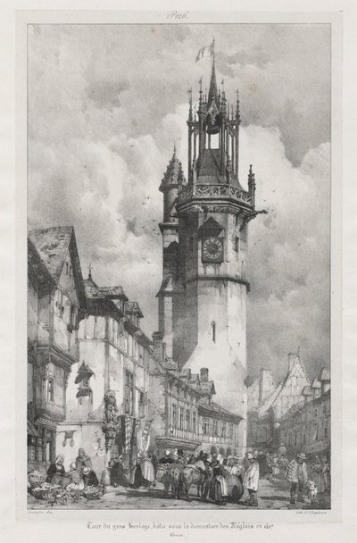 Pittoreske og romantiske reiser i det gamle Frankrike, Normandie: Tour du Gros-Horloge, Evreux av Richard Parkes Bonington