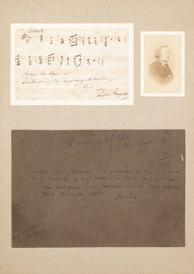 Autograf musikalsk sitat montert med carte-de-visite fotografi av Wagner og en herkomstnotat av Richard Wagner